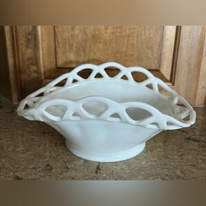 Elegant White Milk Glass open lace Bowl